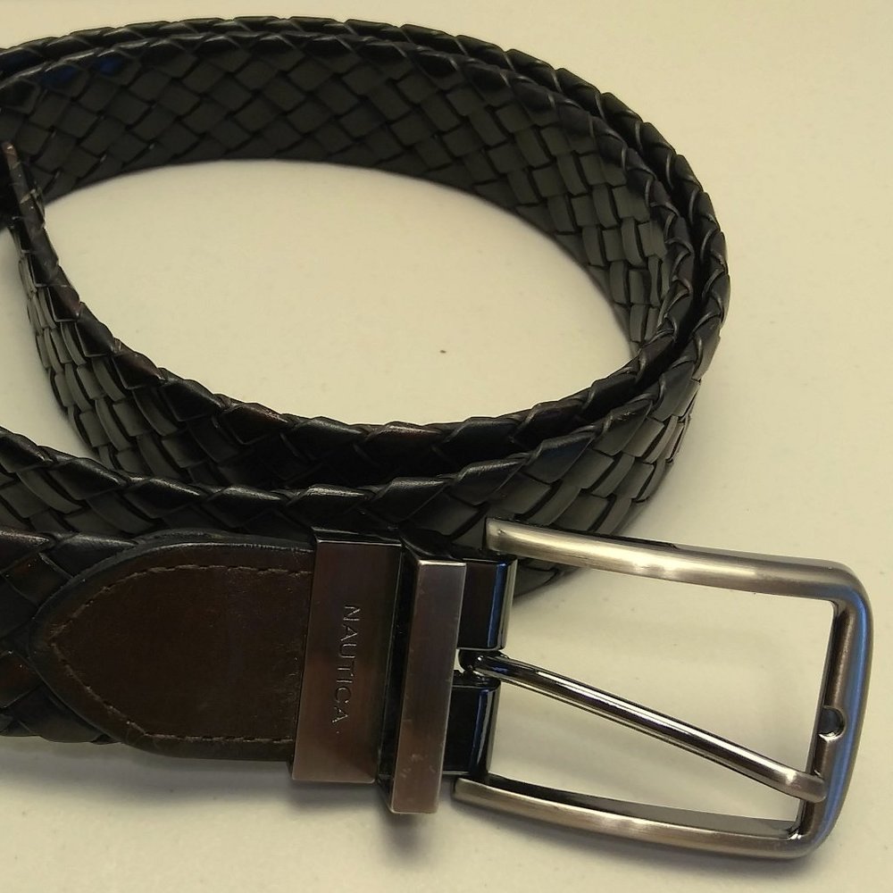 Nautica Belt Braided Woven Brown Bonded Leather Men's Size 40/100 Metal Buckle